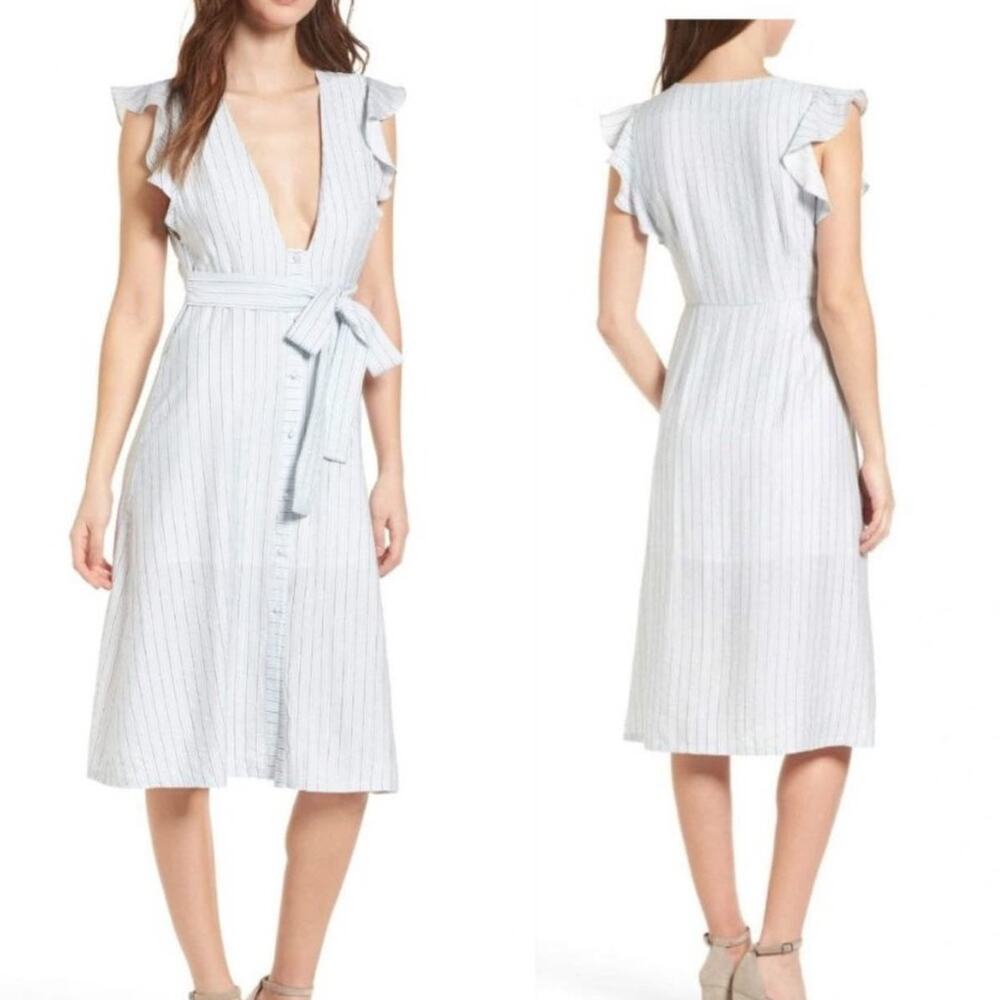 Storee Blue White Stripe Button Front Tie Waist Plunging Midi Flutter Dress S